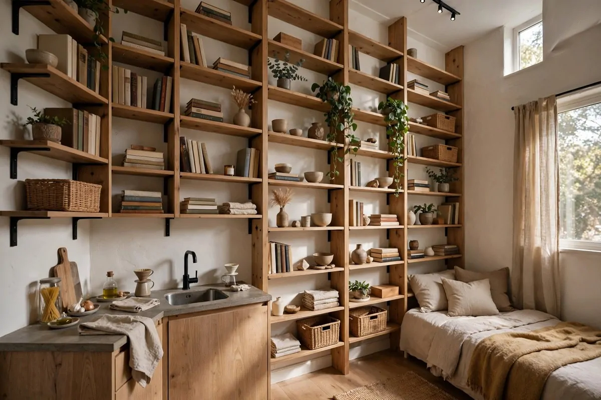Tall wall mounted shelves reaching toward the ceiling in a small studio apartment