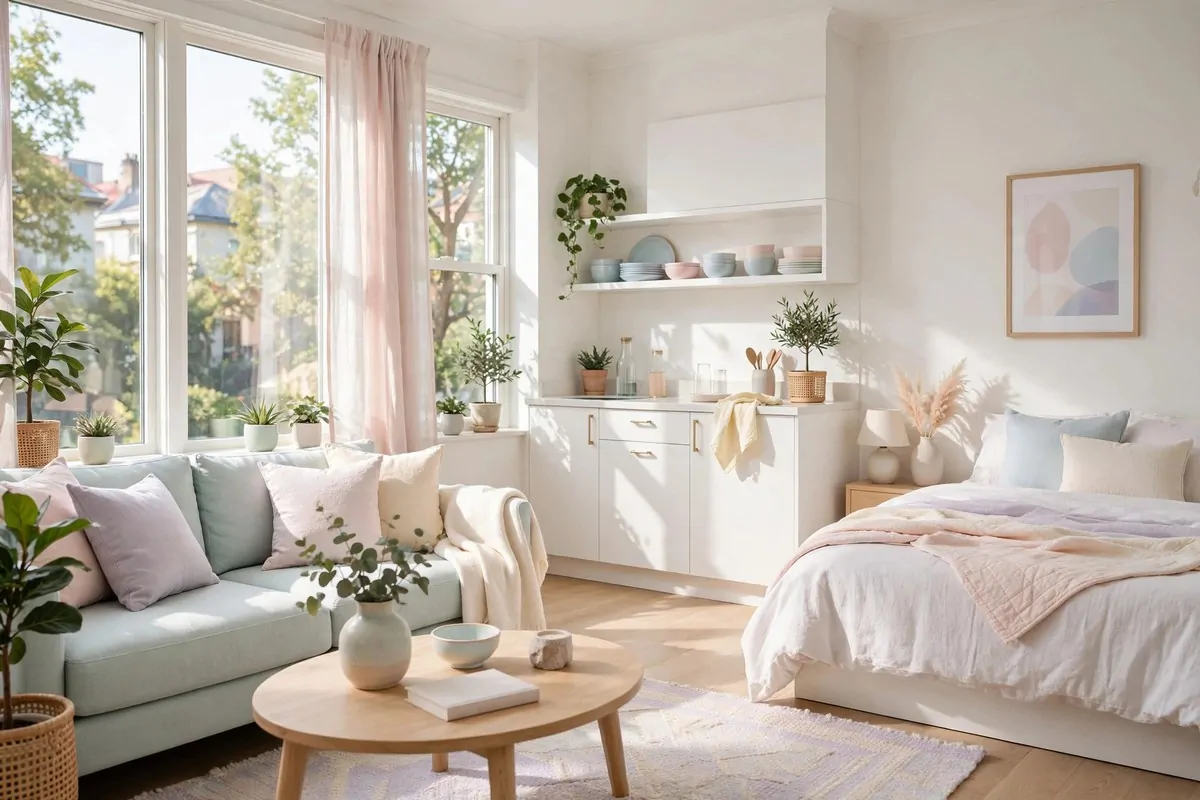 Bright studio apartment in whites and soft pastels with natural light flooding in