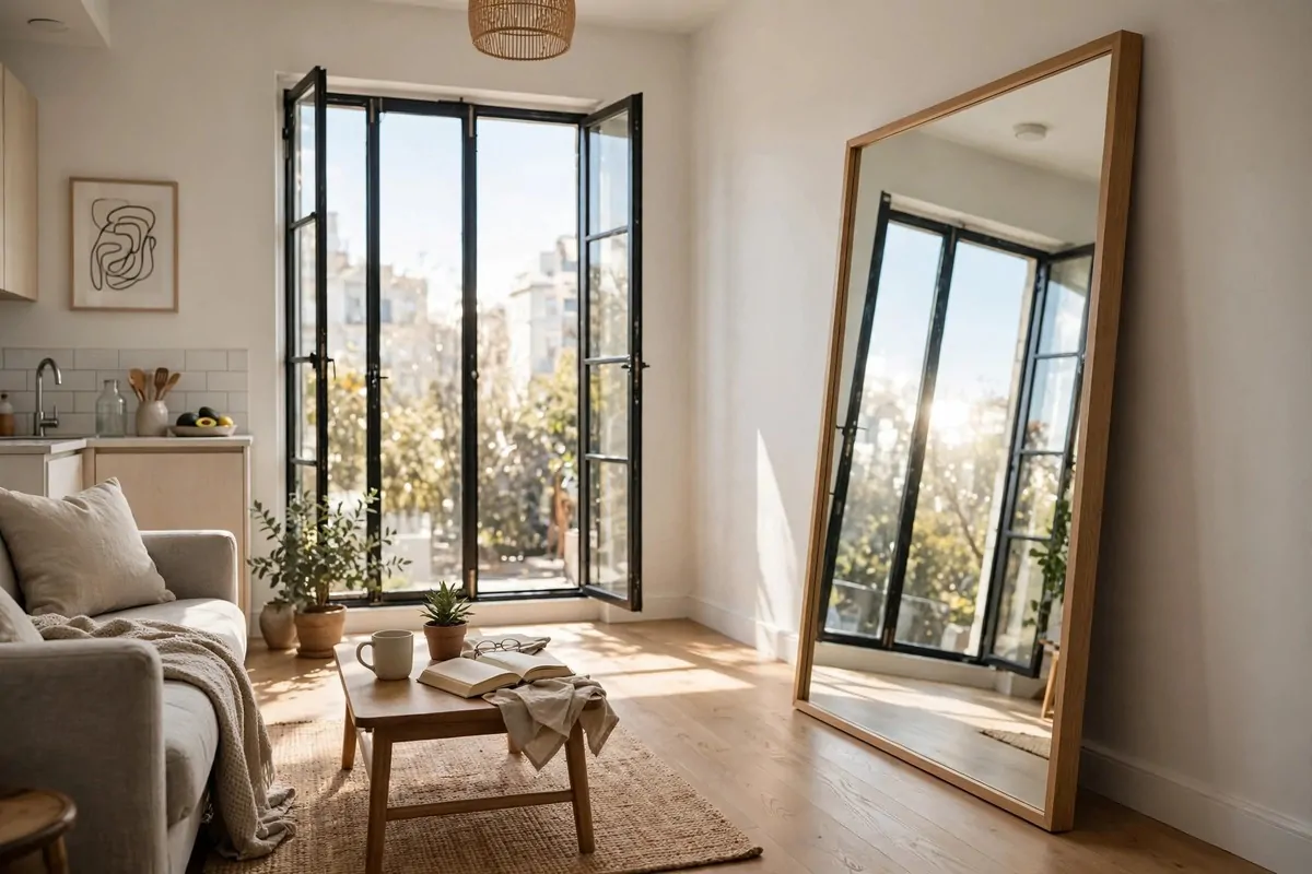 Large floor mirror placed opposite a bright window in a studio apartment