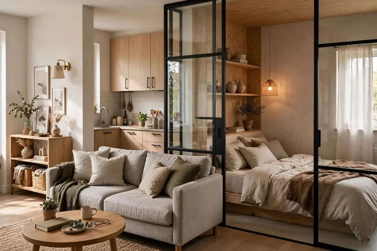 Studio apartment with interior glass wall separating a cozy sleeping nook