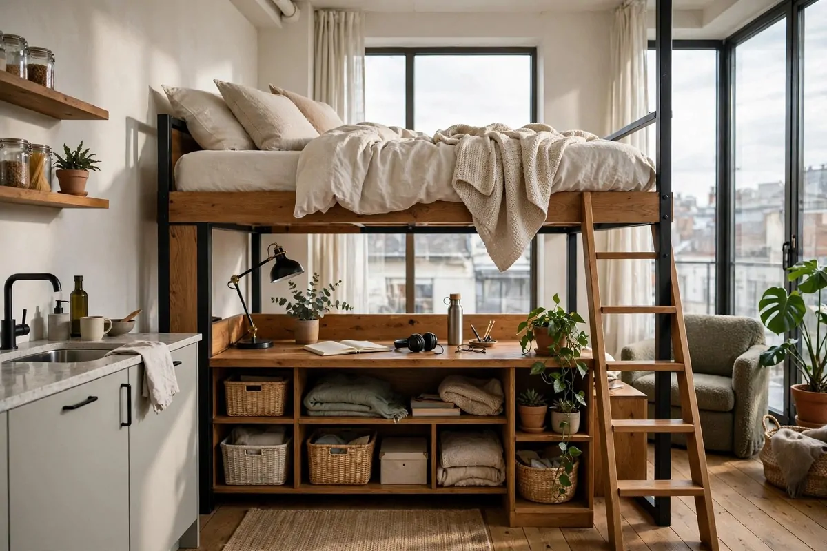 Loft bed in a studio apartment with desk and storage shelves underneath