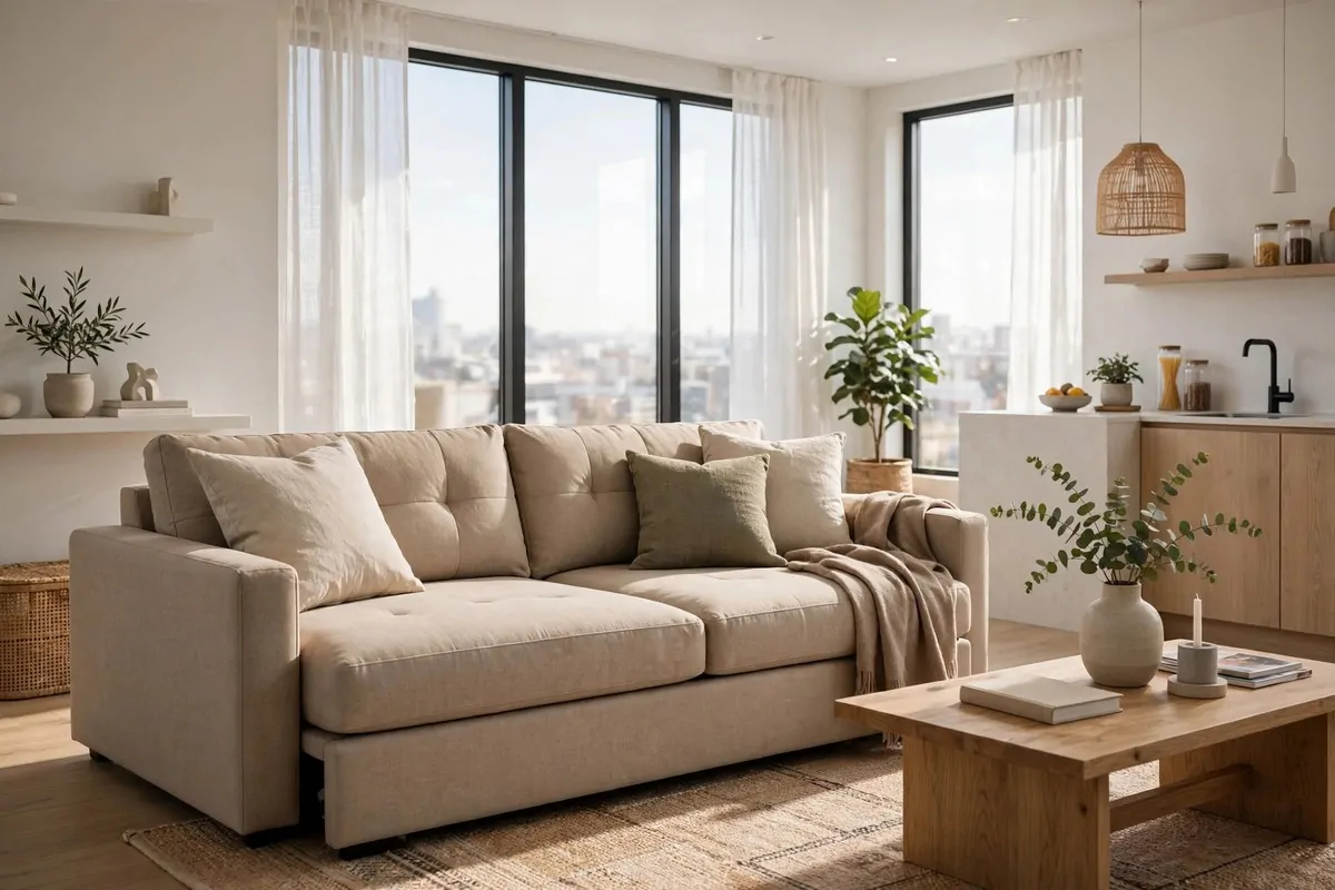 Stylish sofa bed in day mode in a bright studio apartment living area