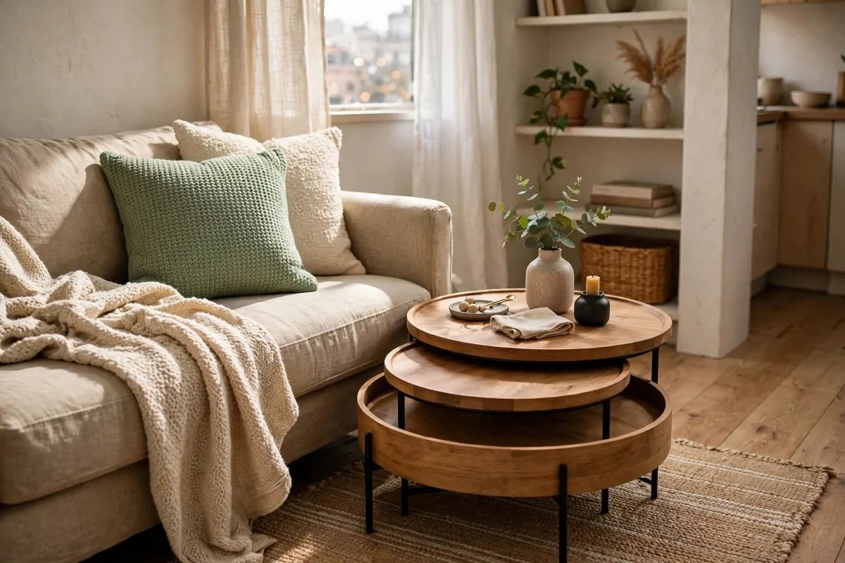 Nesting coffee tables tucked together beside a sofa in a small studio
