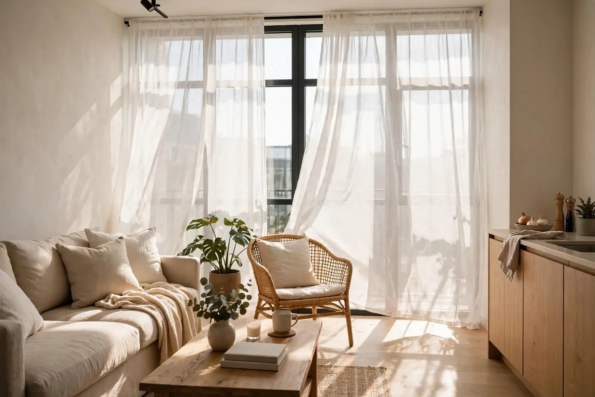 Studio apartment windows with sheer white curtains letting sunlight flood the room