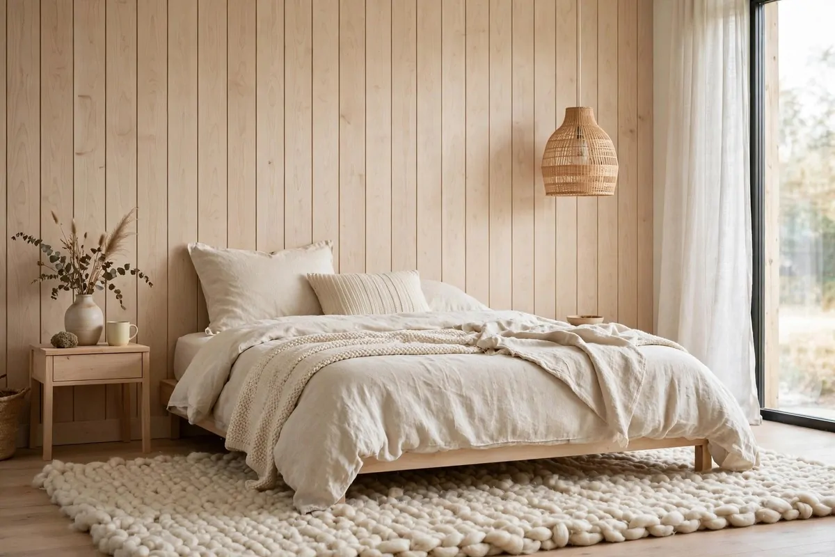Studio bedroom wall with pale birch wood panels and chunky wool rug