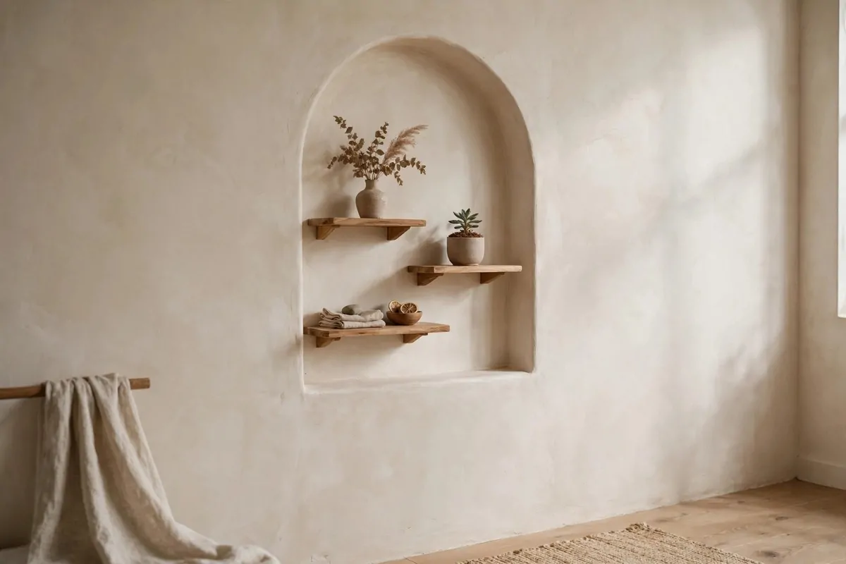 Arched plaster niche with small wooden shelves in a studio apartment wall