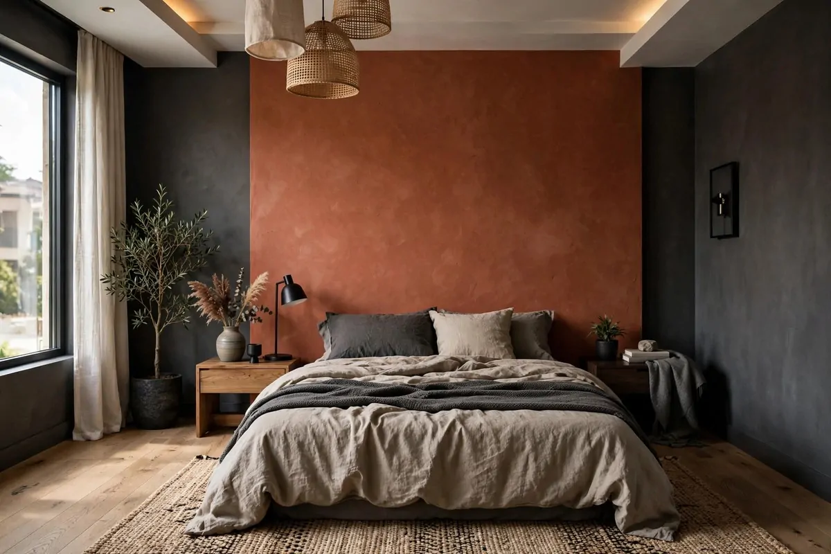 Studio sleeping zone with terracotta accent wall and charcoal gray surrounding walls