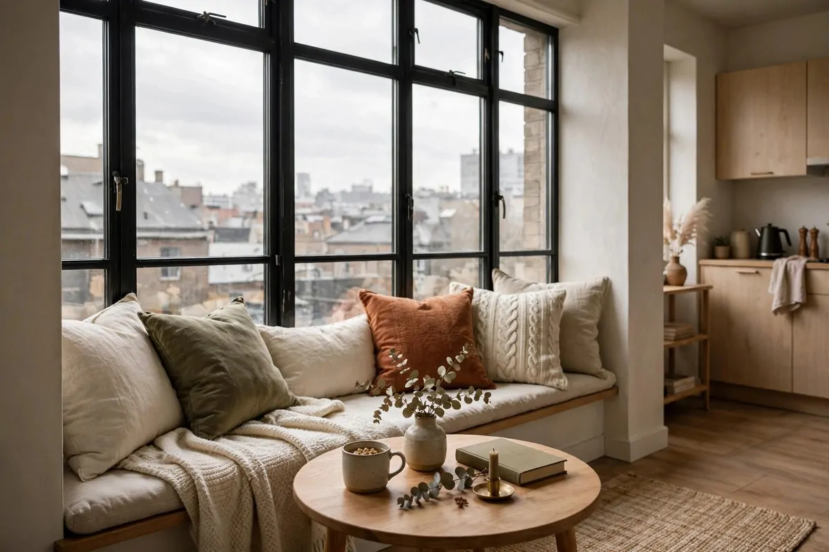 Cozy window seat nook in a studio apartment doubling as breakfast spot and desk