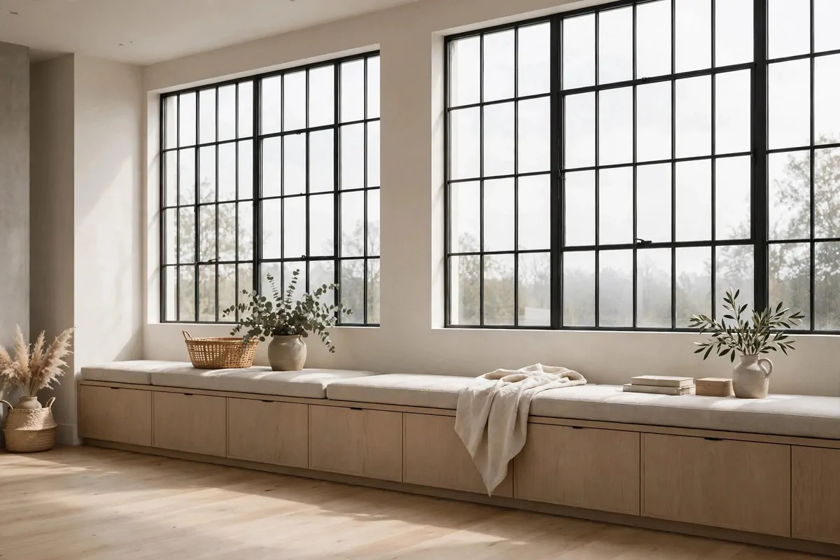 Low neutral storage units under studio windows doubling as bench seating