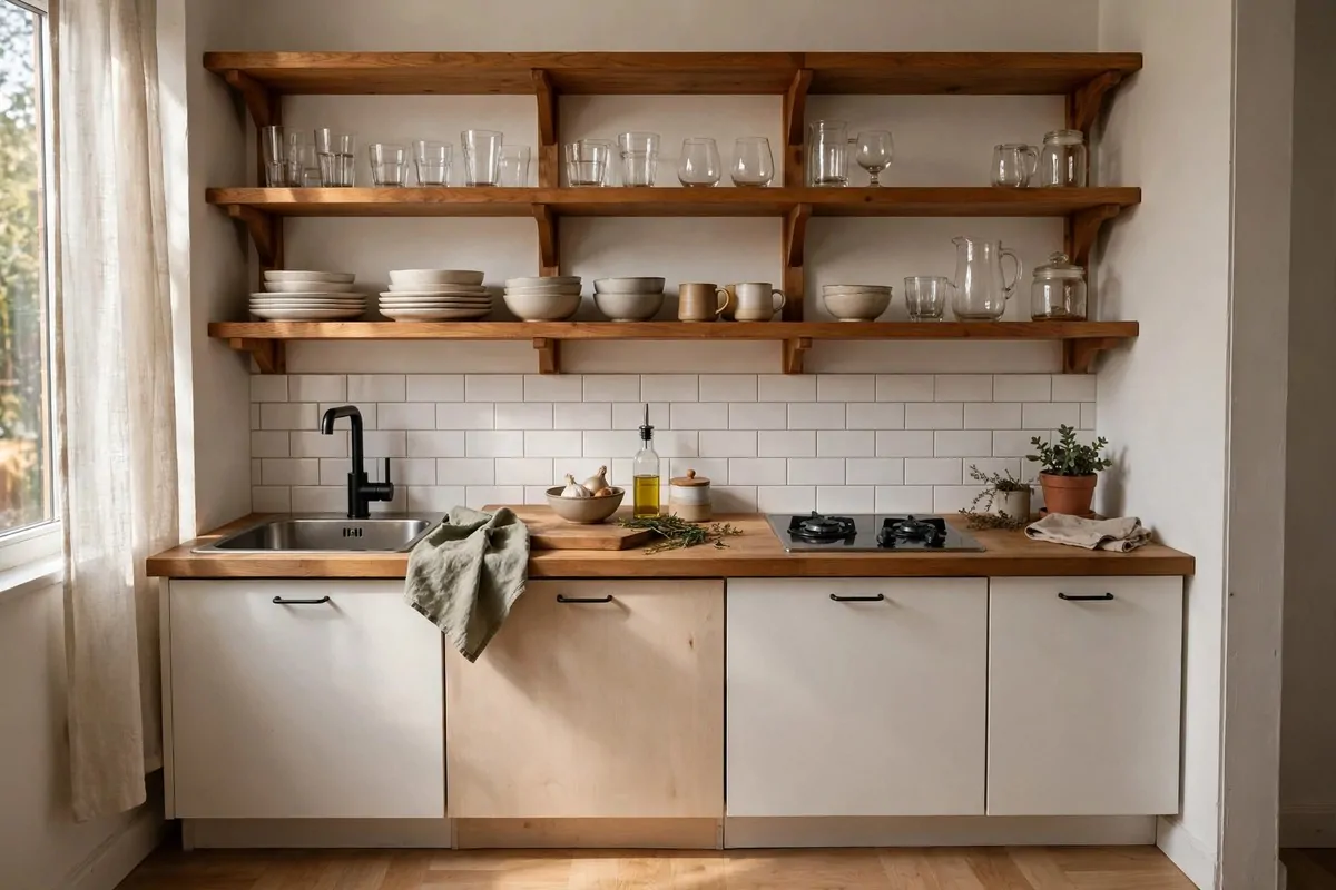 Studio kitchen with open wooden shelves holding dishes and glasses