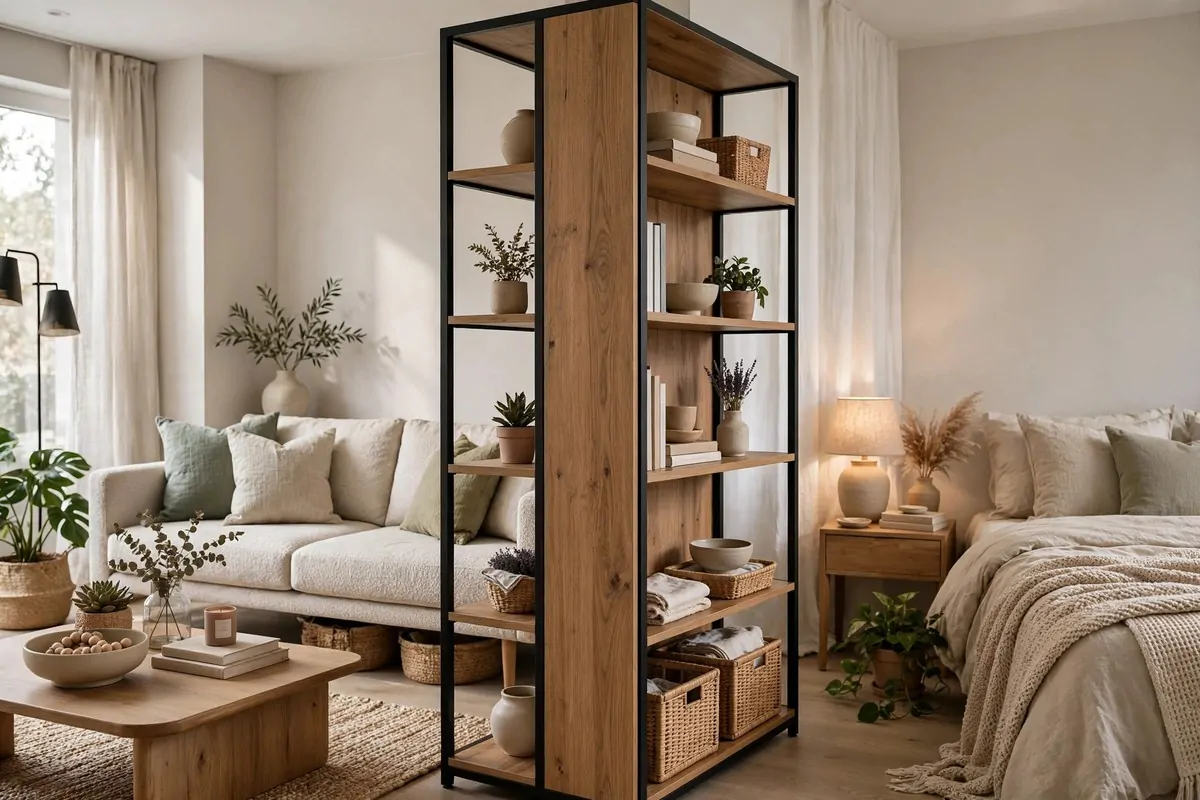 Freestanding storage unit dividing studio living and sleeping areas, styled both sides
