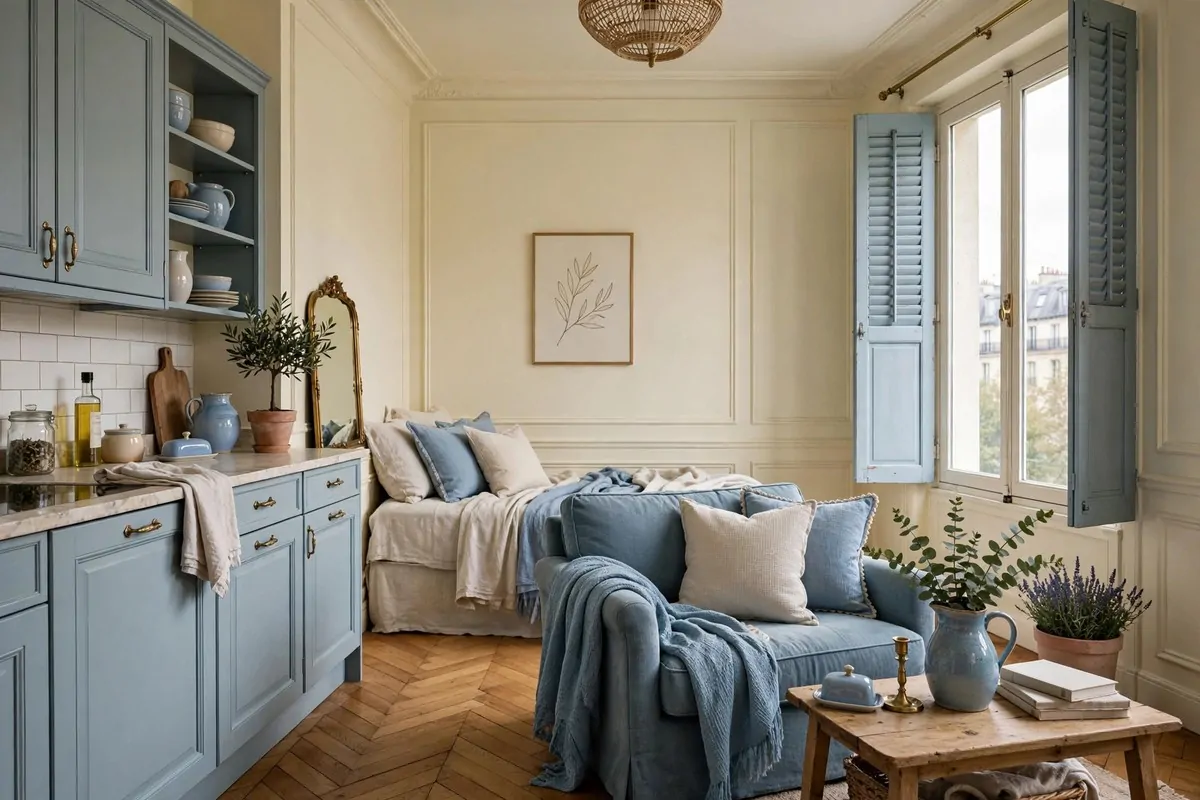 Studio apartment in soft French style with buttermilk walls and duck-egg blue accents