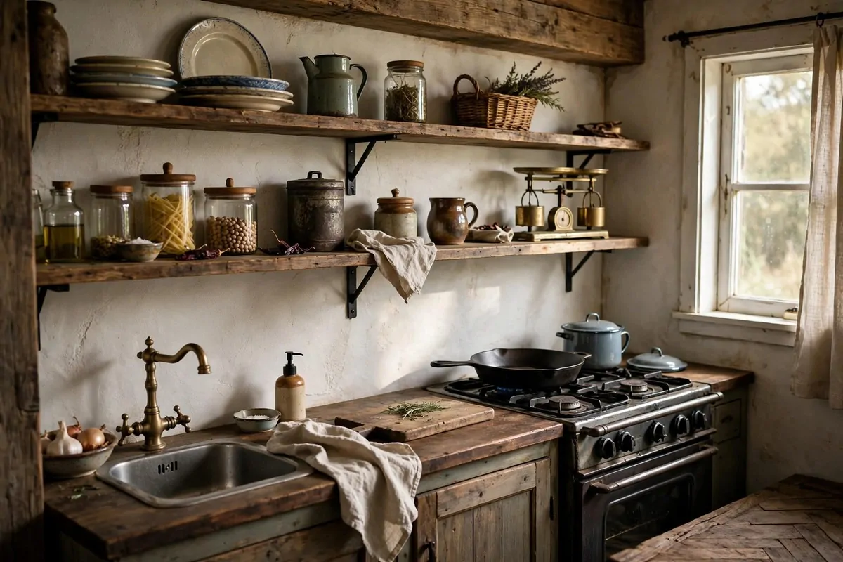 Compact rustic kitchen along one studio wall with wood shelves and vintage touches