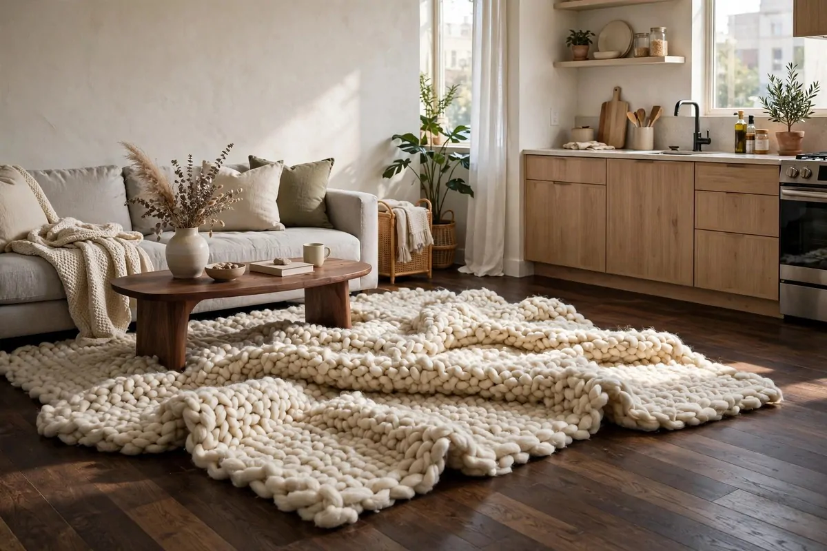 Chunky cream wool rug layered over dark wood floors in a studio apartment
