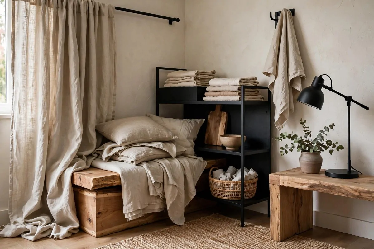 Studio apartment corner layering linen, wood and matte black textures