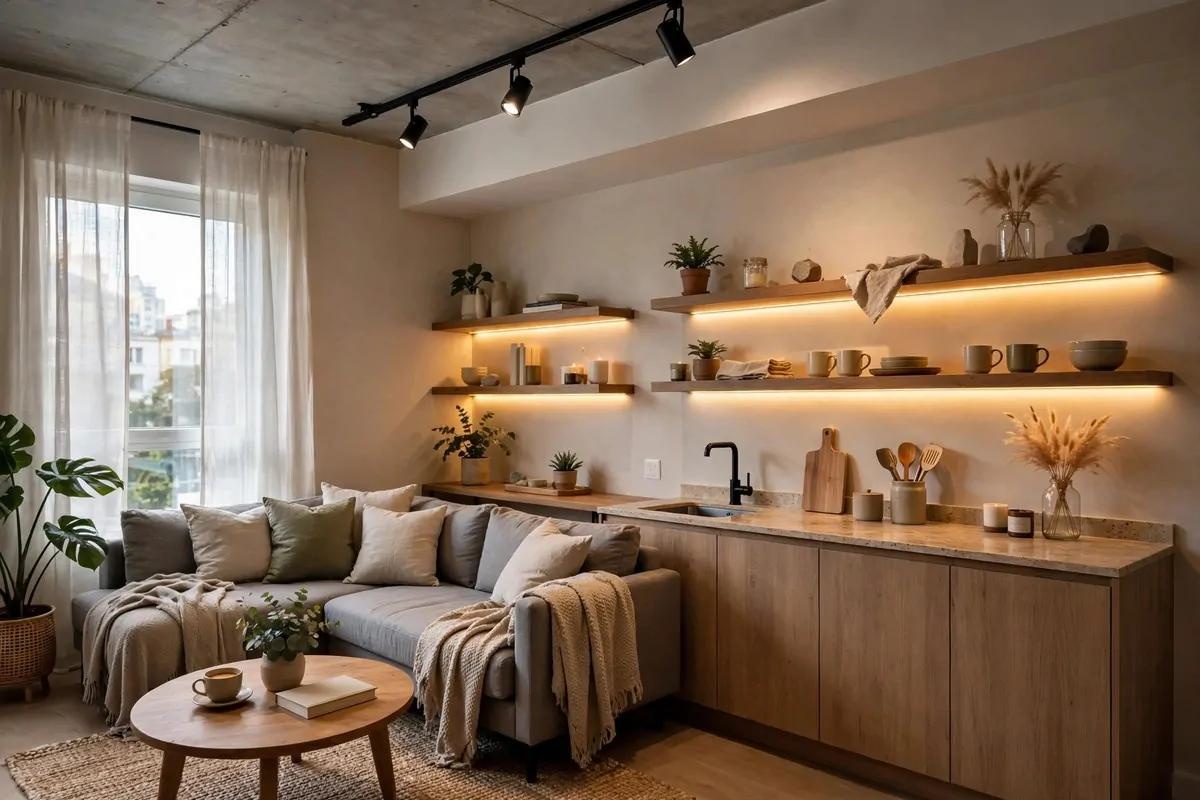 Studio apartment with adjustable track lighting and warm LED strips under shelves