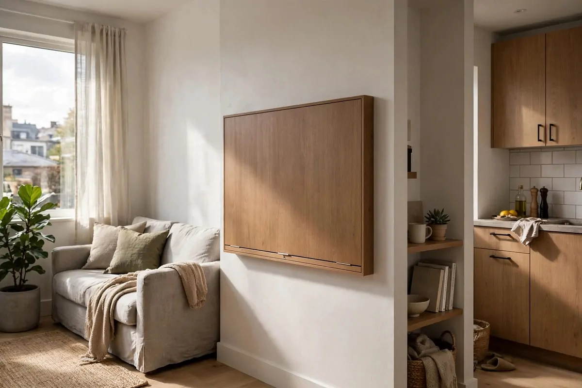 Fold-down wall desk closed flat against the wall in a studio apartment
