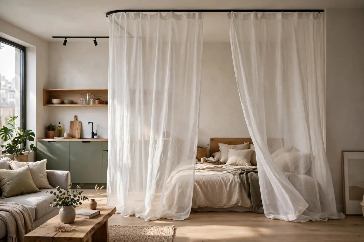Ceiling mounted sheer curtains softly dividing a studio sleeping area