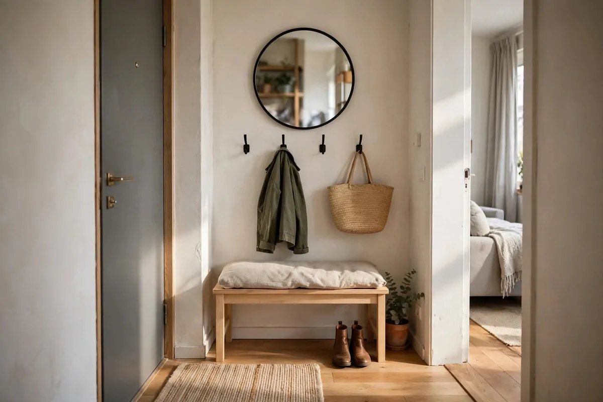 Tiny defined entryway in a studio apartment with bench, hooks and mirror