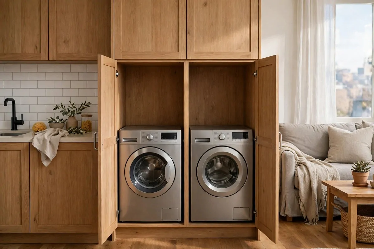 Compact washer dryer hidden inside kitchen cabinetry in a studio apartment
