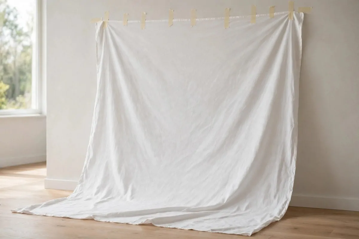 White bedsheet taped on a wall sweeping to the floor as a seamless studio backdrop