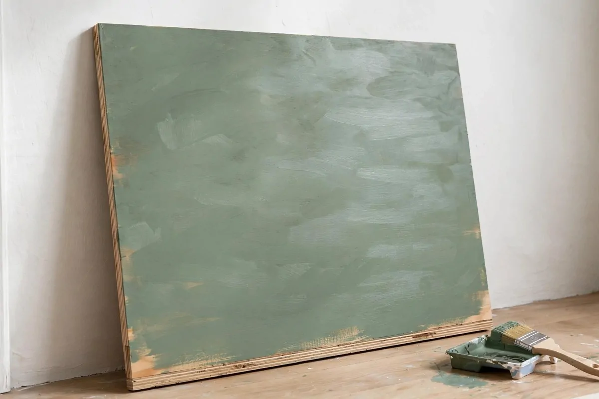 Sage green hand-painted plywood board leaning on a wall as a studio backdrop
