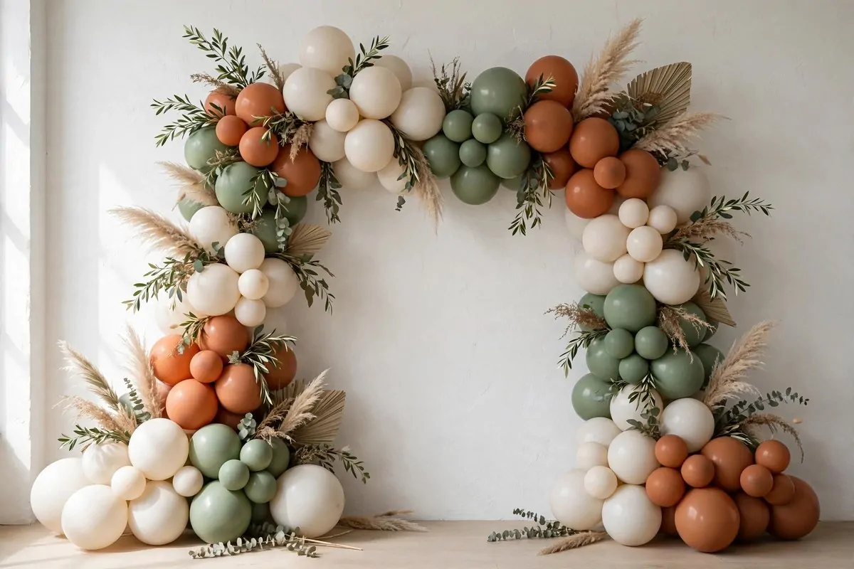 Balloon garland arch in terracotta sage and cream against a white wall