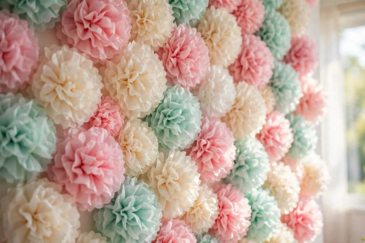 Pastel tissue paper pom-poms packed on a wall as a studio backdrop
