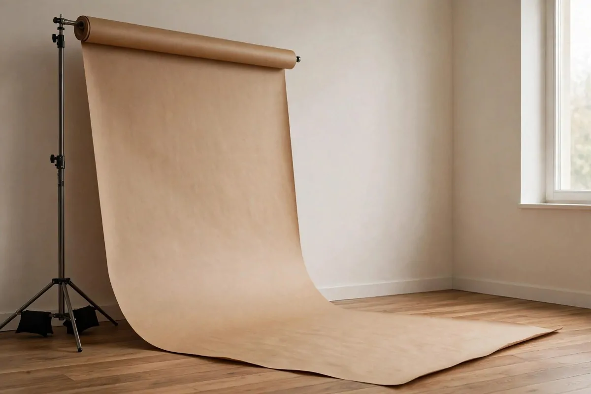 Brown kraft craft paper unrolled down a wall curving across the floor