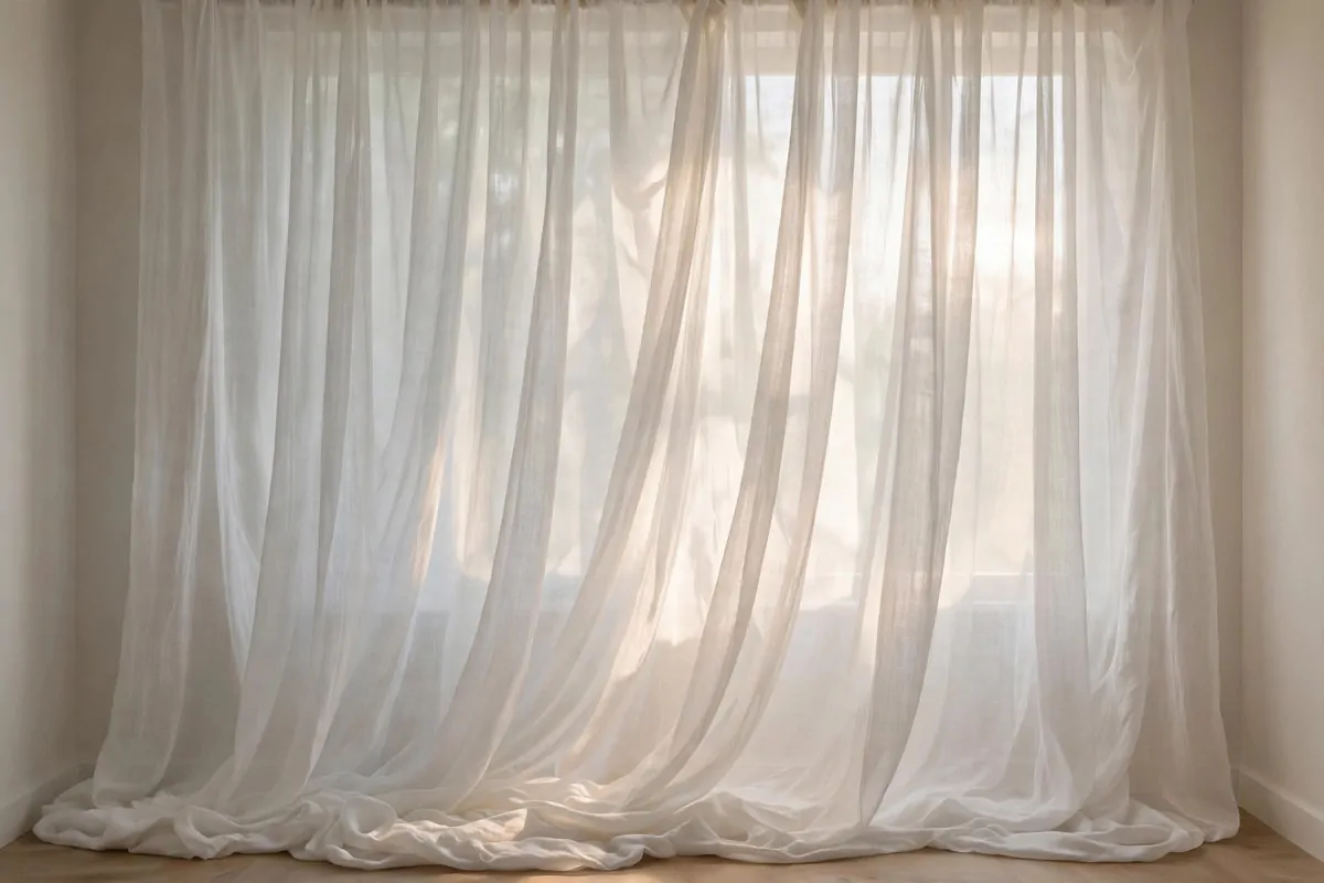 Sheer white curtains draped in soft folds catching window light