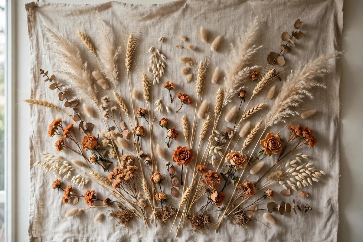 Dried flowers and grasses glued on linen cloth as a studio backdrop