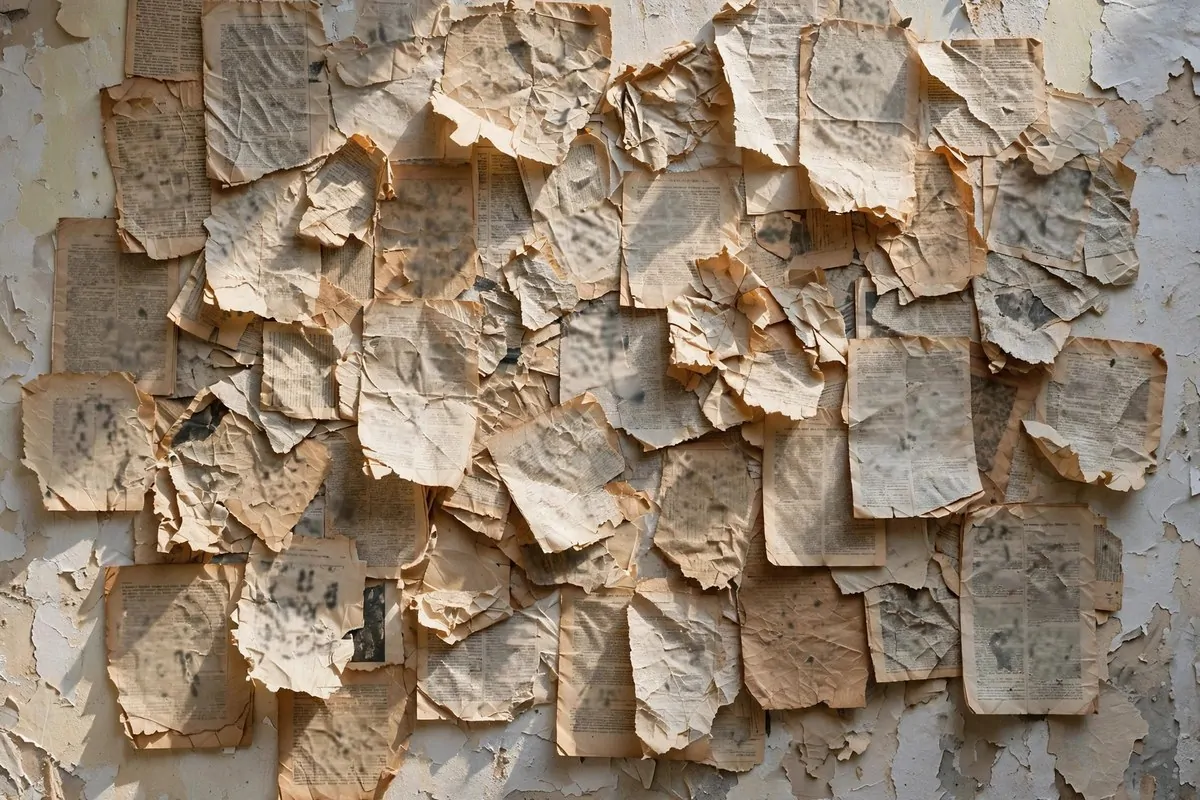 Layered old book pages and newspaper clippings as a vintage studio backdrop
