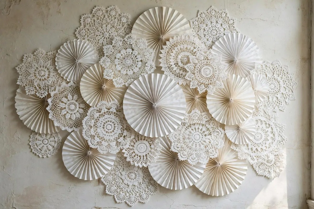 White lace doilies and paper fans arranged on a wall as a studio backdrop