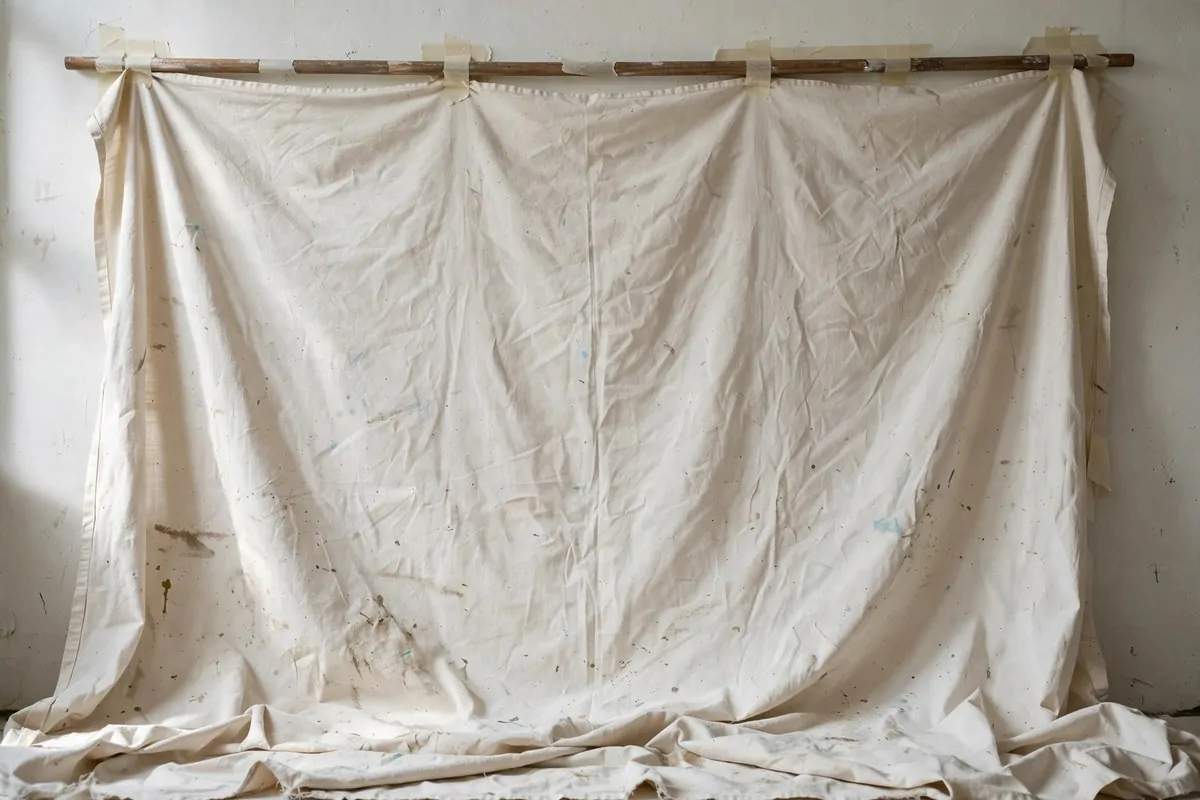 Off-white painter's drop cloth with natural wrinkles hung as a studio backdrop