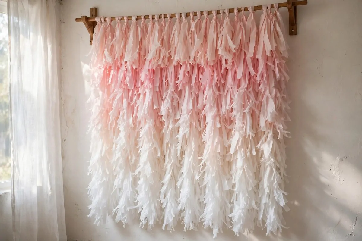 Ombre blush pink to white tissue fringe curtain as a studio backdrop