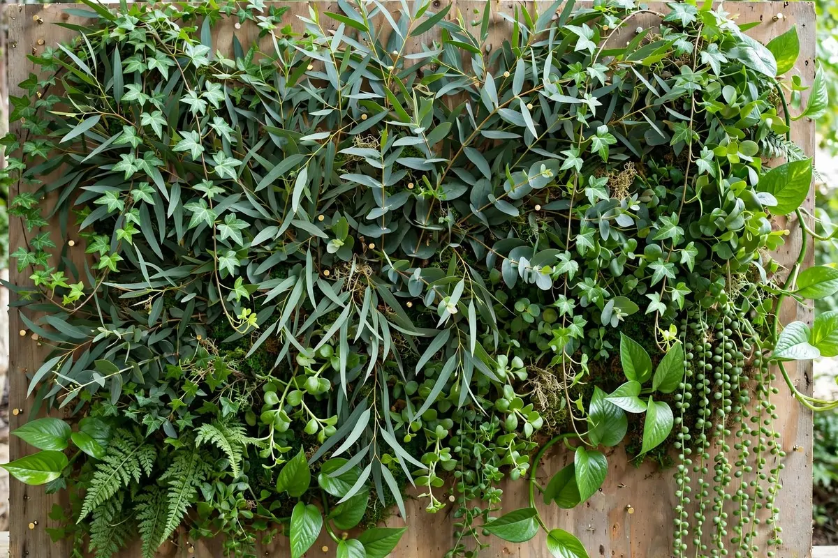Eucalyptus branches and green plants pinned on a board as a greenery studio backdrop