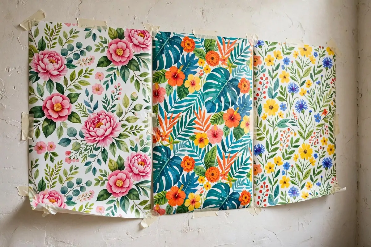 Bold floral wrapping paper panels taped on a wall as a studio backdrop