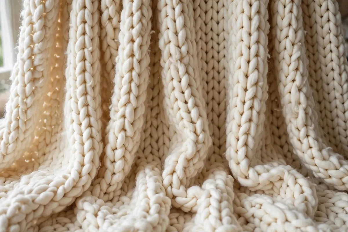 Cream chunky knit blanket with thick wool texture as a studio backdrop
