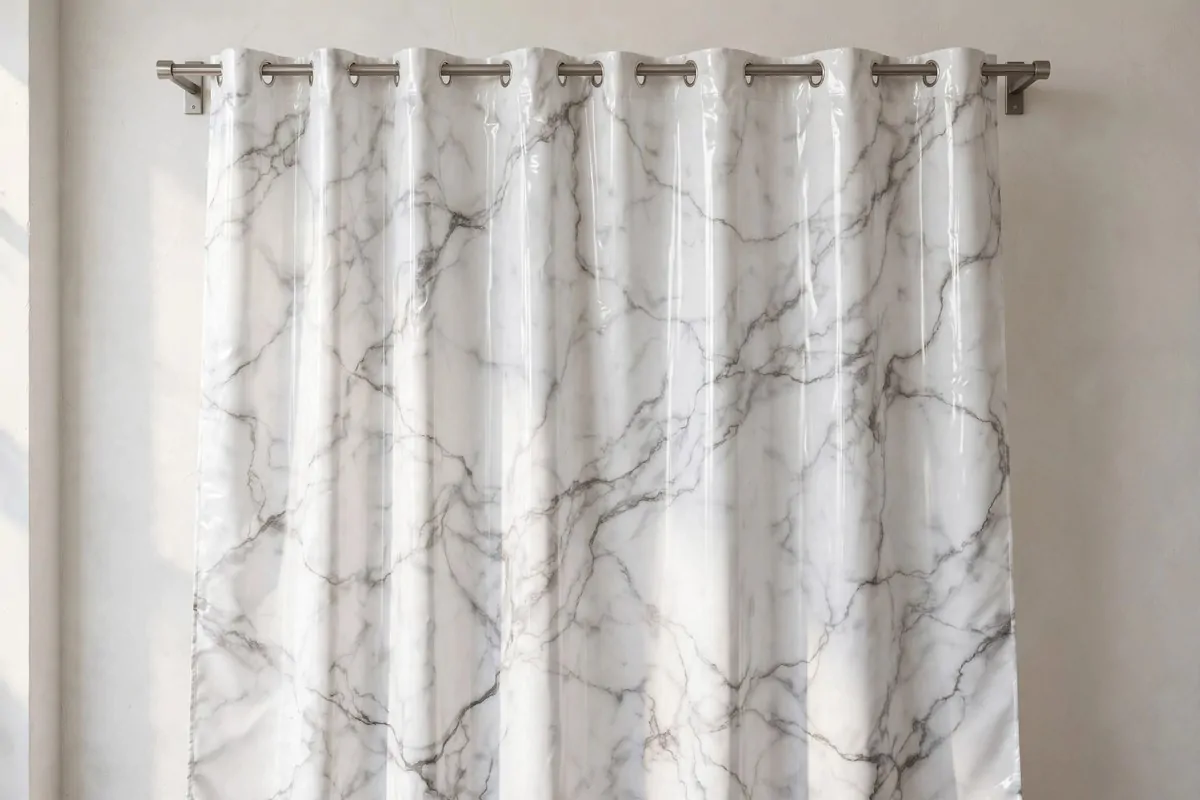 White marble-print shower curtain hung as an elegant studio backdrop