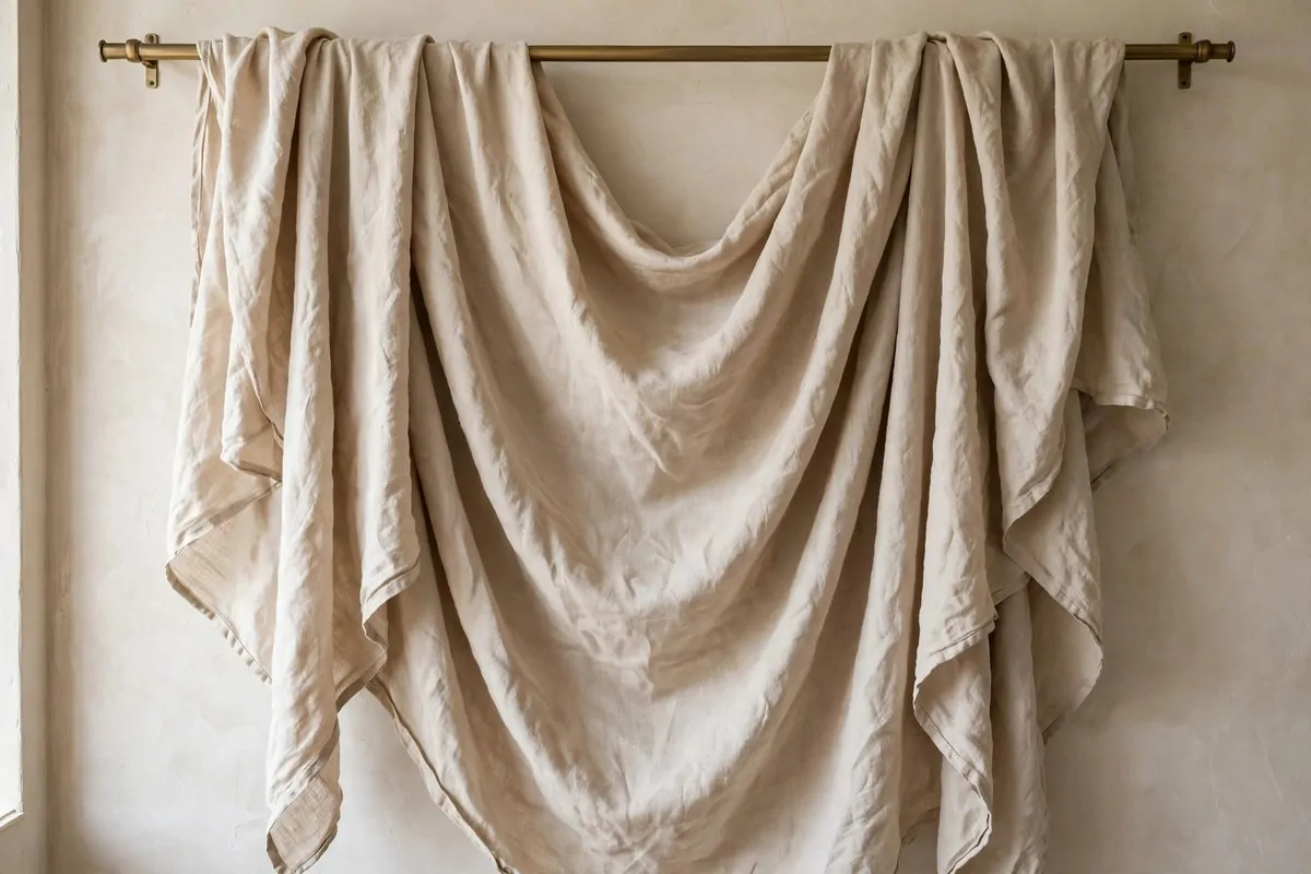 Natural beige linen muslin cloth draped from a rod as a studio backdrop