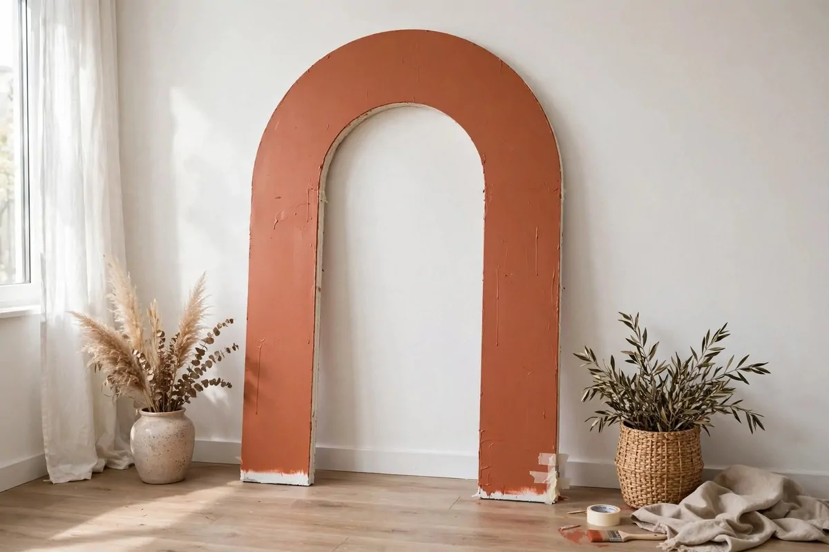 Terracotta foam board cut into an arch shape standing as a studio backdrop
