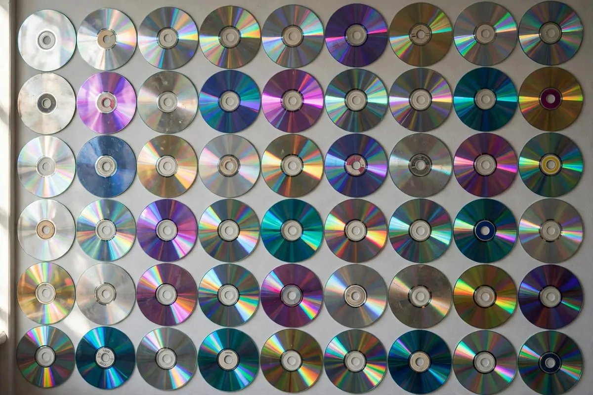 Old CDs arranged in a grid on a wall as an iridescent studio backdrop