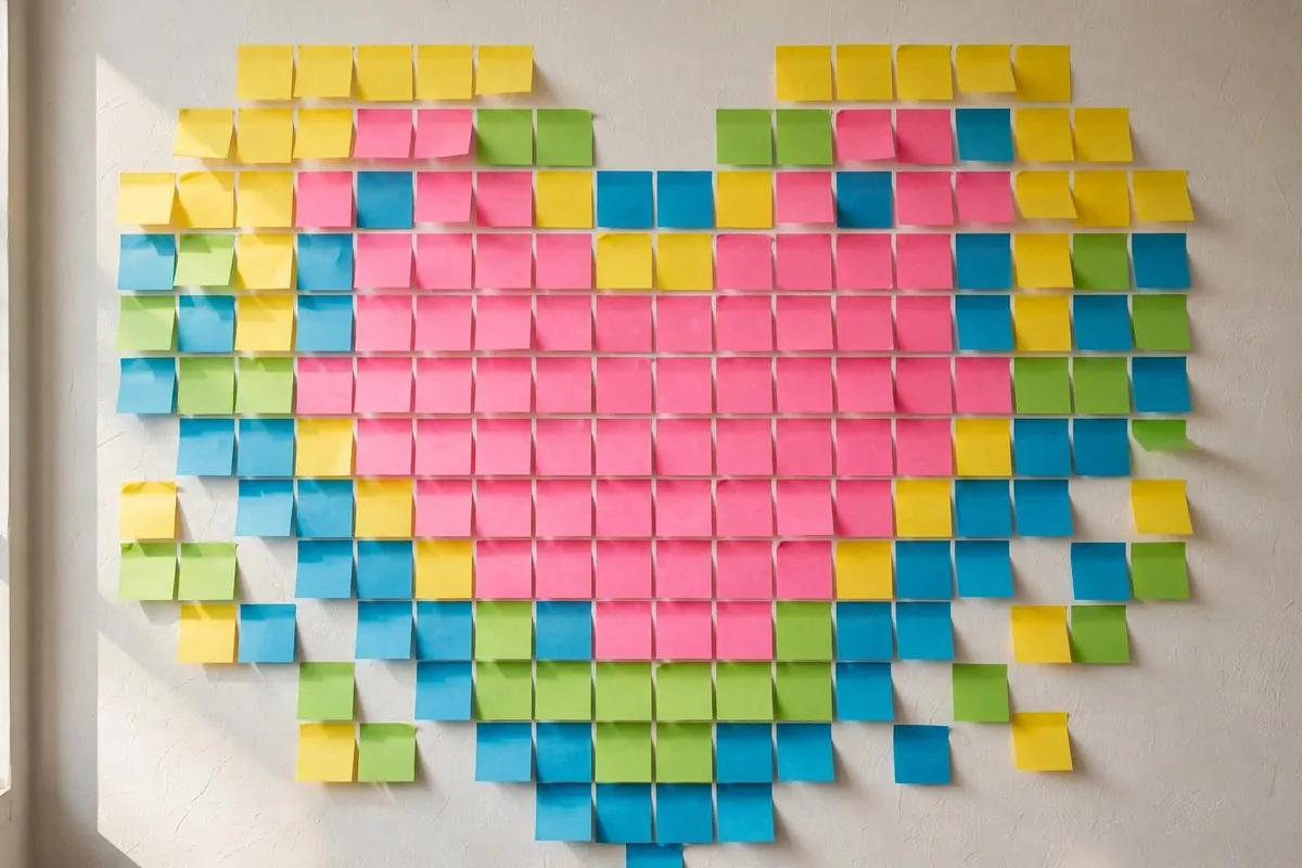 Colourful sticky notes arranged in a pixel heart pattern as a studio backdrop