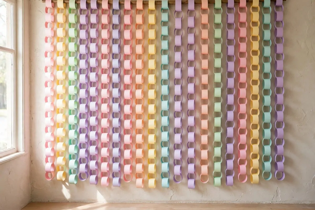 Pastel paper chain garlands hanging in long strands as a studio backdrop