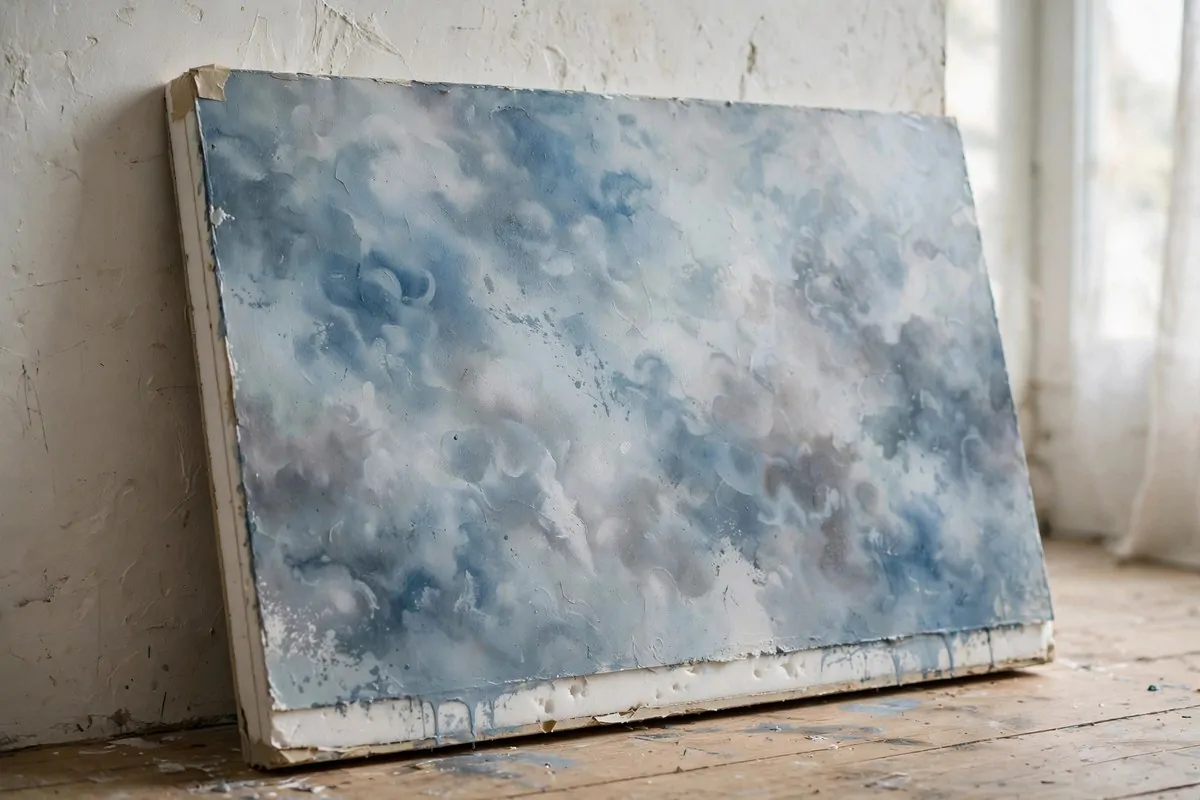 Hand-painted abstract cloudy texture board in blue and grey as a studio backdrop