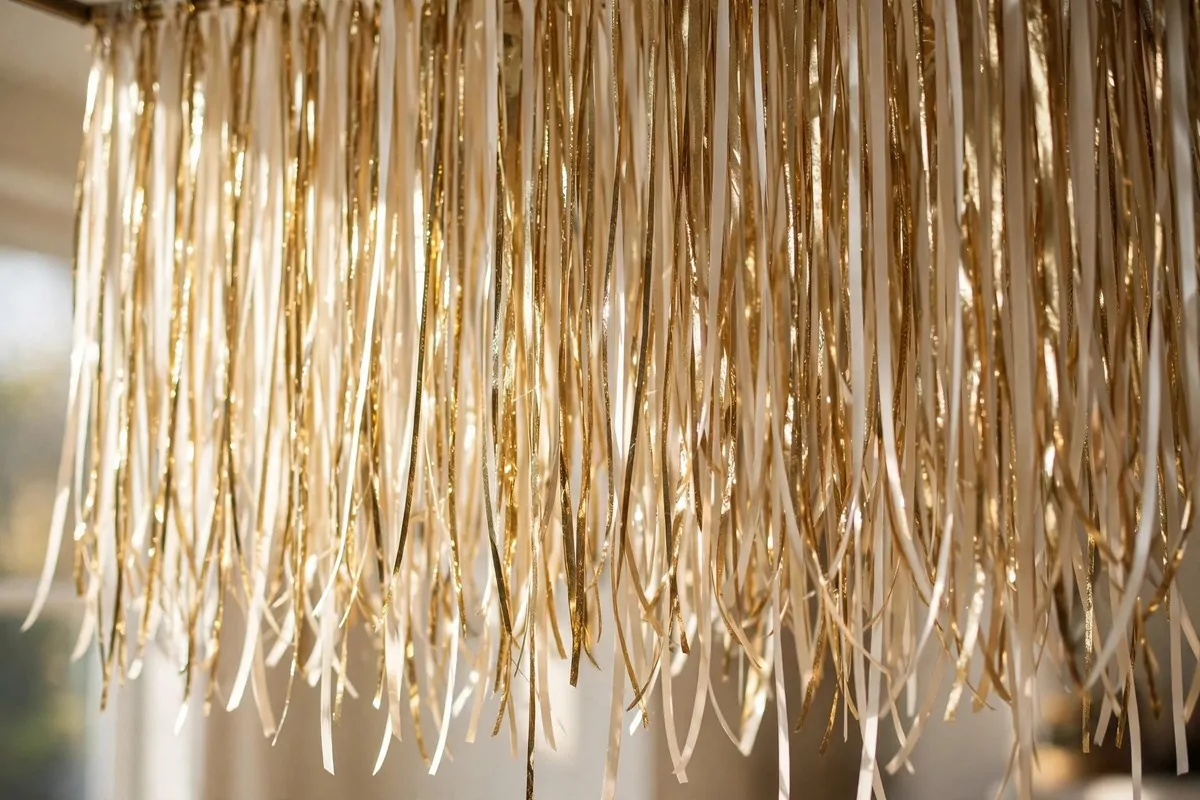 Gold and cream ribbon fringe curtain shimmering as a studio backdrop