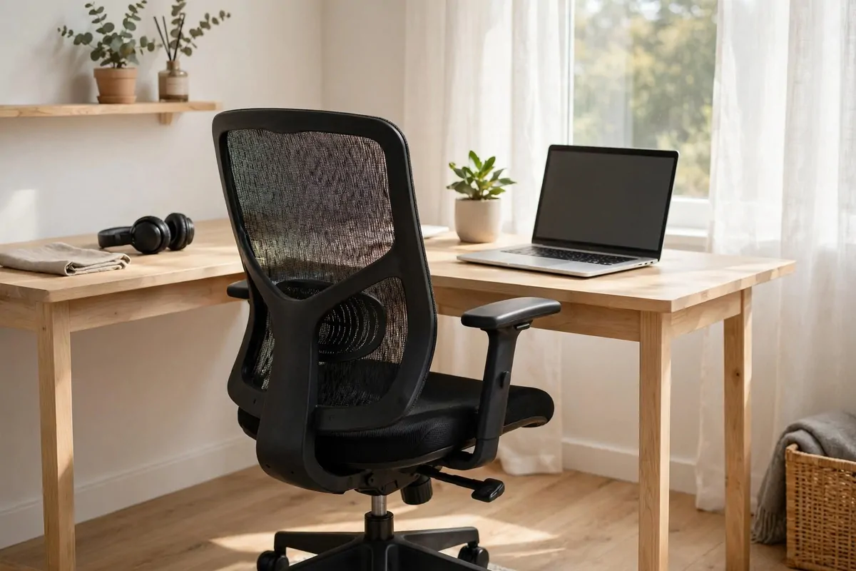 Ergonomic office chair with lumbar support at a wooden desk