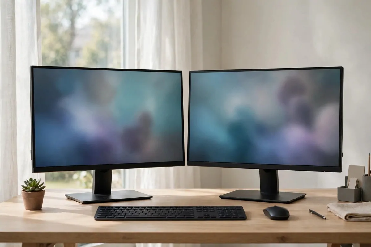 Dual monitor computer setup on a clean organized desk