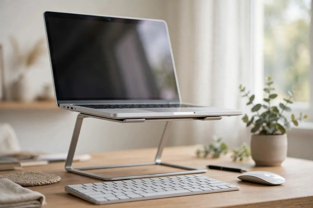 Laptop on a metal riser with a separate wireless keyboard and mouse