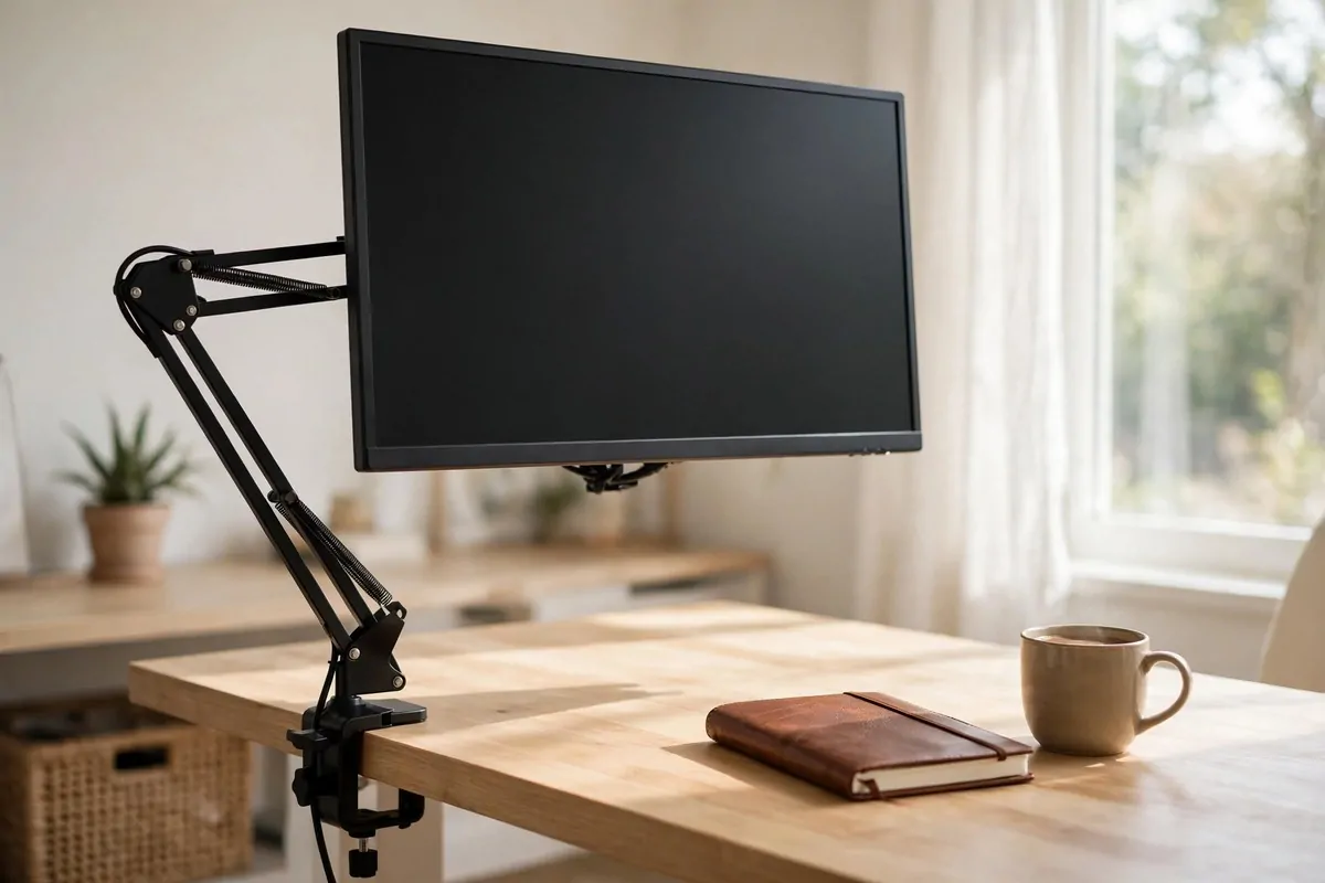 Computer monitor mounted on an adjustable desk arm above a clear desk